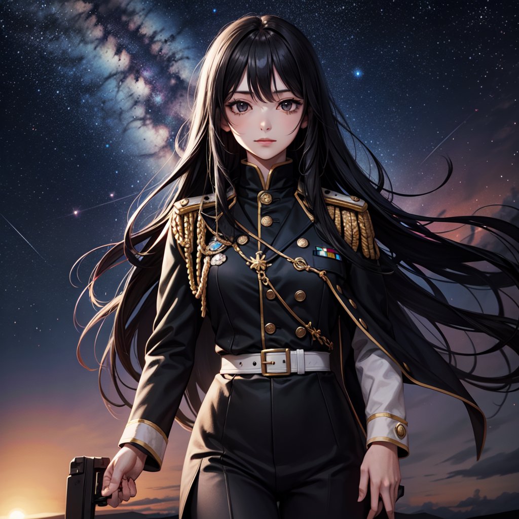 1 Girl, special ability, very long black hair, black eyes, military uniform, patrol reconnaissance mission, night, starry sky, shadow, detailed background, hand