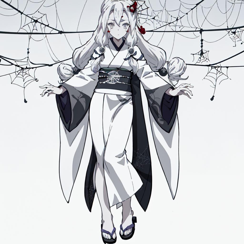 <lora:Spider_Demon_Daughter-10:1>outdoor,forest,high quality,Masterpeace,Spider_Demon_Daughter, 1girl, solo, long hair,hair ornament, white hair, japanese clothes, wide sleeves, white kimono, grey obi, grey eyes, facial mark, silk, spider web print,sandals,full body,standing
