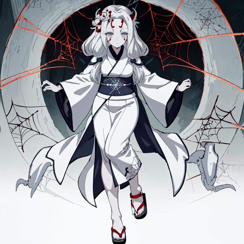 <lora:Spider_Demon_Daughter-10:1>outdoor,forest,high quality,Masterpeace,Spider_Demon_Daughter, 1girl, solo, long hair,hair ornament, white hair, japanese clothes, wide sleeves, kimono, grey eyes, facial mark, silk, spider web print,white obi,sandals