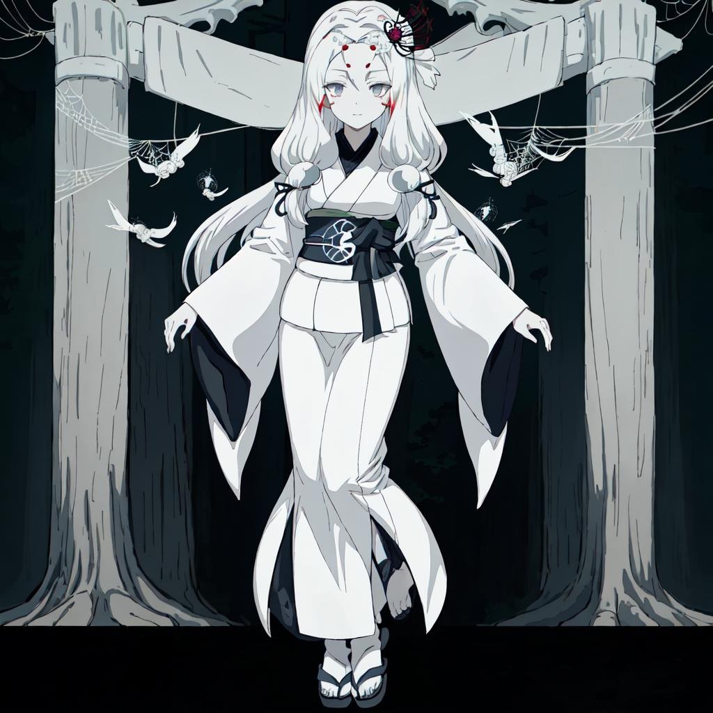<lora:Spider_Demon_Daughter-10:1>outdoor,forest,high quality,Masterpeace,Spider_Demon_Daughter, 1girl, solo, long hair,hair ornament, white hair, japanese clothes, wide sleeves, white kimono, grey eyes, facial mark, silk, white obi, black spider web print, sandals, standing, full body