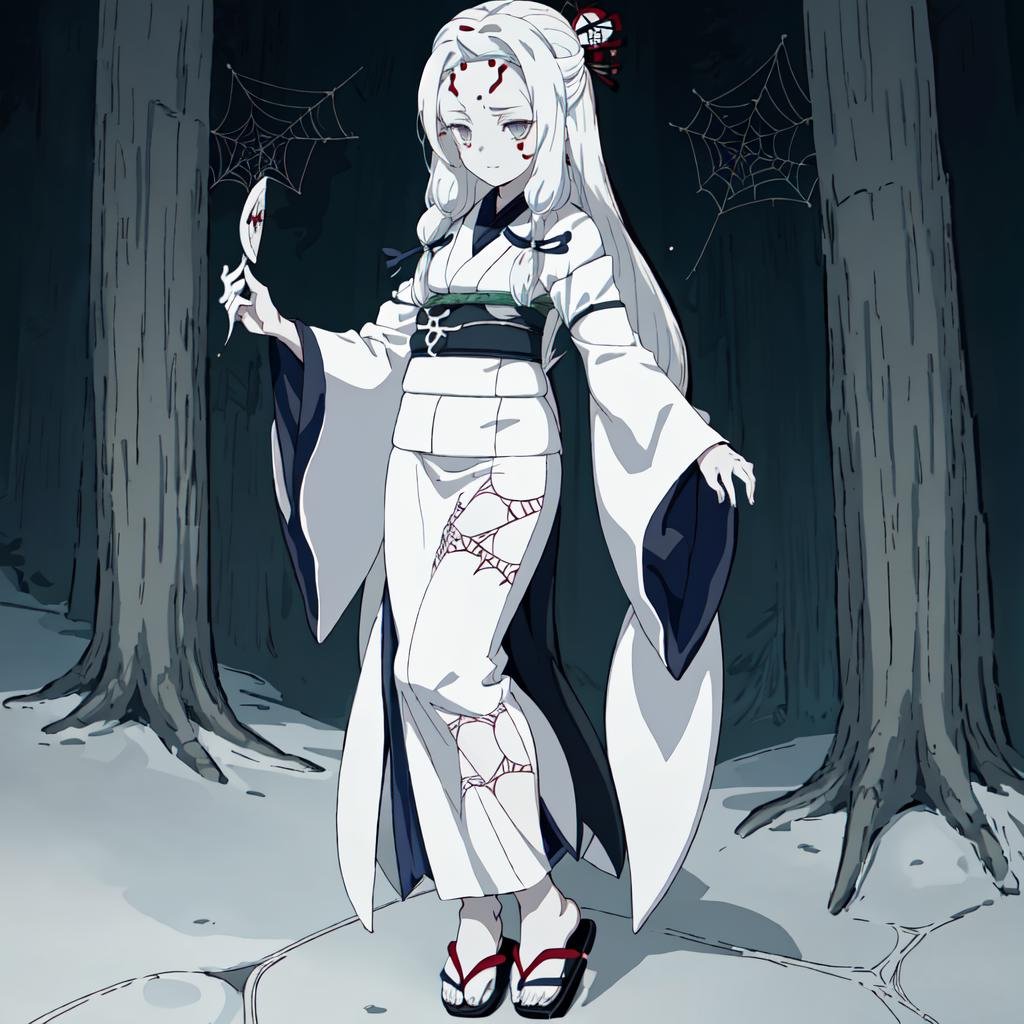 <lora:Spider_Demon_Daughter-10:1>outdoor,forest,high quality,Masterpeace,Spider_Demon_Daughter, 1girl, solo, long hair,hair ornament, white hair, japanese clothes, wide sleeves, white kimono, grey eyes, facial mark, silk, spider web print, sandals, standing, full body
