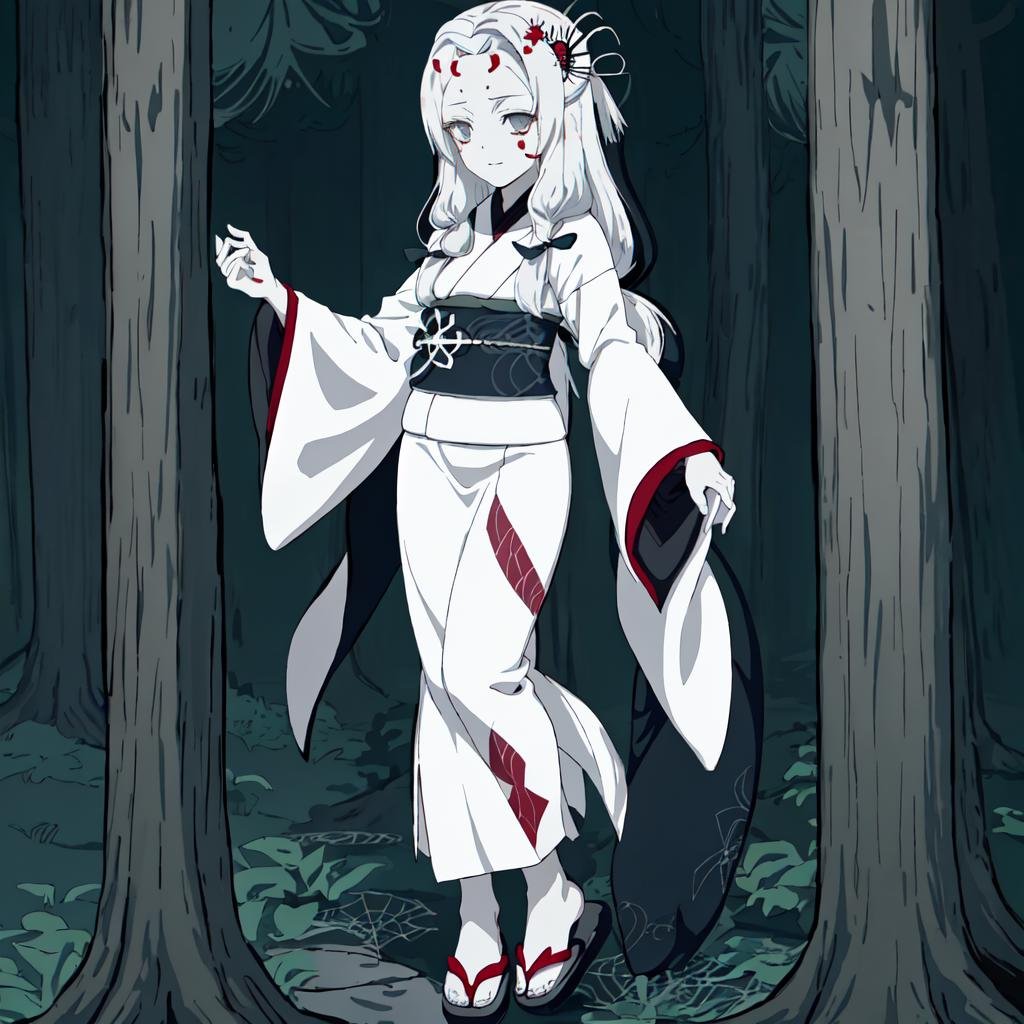 <lora:Spider_Demon_Daughter-10:1>outdoor,forest,high quality,Masterpeace,Spider_Demon_Daughter, 1girl, solo, long hair,hair ornament, white hair, japanese clothes, wide sleeves, white kimono, white obi, grey eyes, facial mark, silk, spider web print,sandals,full body,standing