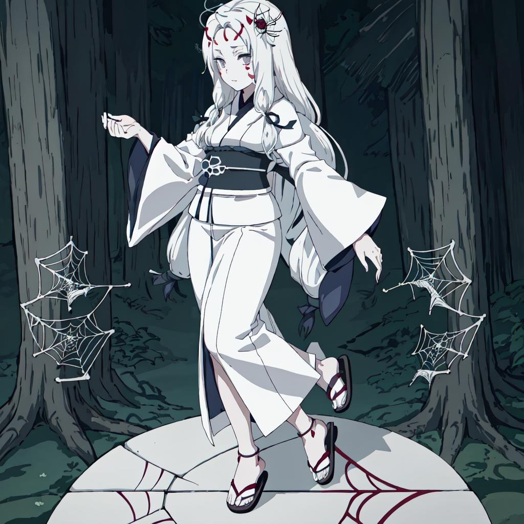 <lora:Spider_Demon_Daughter-10:1>outdoor,forest,high quality,Masterpeace,Spider_Demon_Daughter, 1girl, solo, long hair,hair ornament, white hair, japanese clothes, wide sleeves, white kimono, grey eyes, facial mark, silk, spider web print, sandals