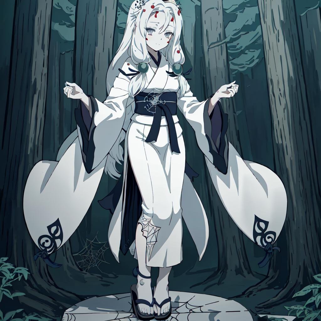 <lora:Spider_Demon_Daughter-10:1>outdoor,forest,high quality,Masterpeace,Spider_Demon_Daughter, 1girl, solo, long hair,hair ornament, white hair, japanese clothes, wide sleeves, white kimono, grey eyes, facial mark, silk, spider web print,sandals,full body,standing