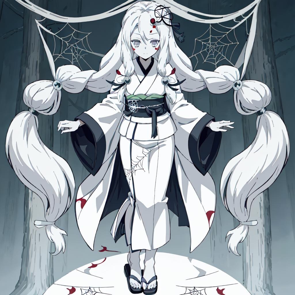 <lora:Spider_Demon_Daughter-10:1>outdoor,forest,high quality,Masterpeace,Spider_Demon_Daughter, 1girl, solo, long hair,hair ornament, white hair, japanese clothes, wide sleeves, white kimono, white obi, grey eyes, facial mark, silk, spider web print,sandals,full body,standing