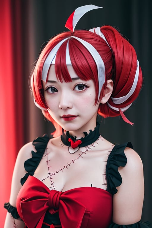 masterpiece, best quality, 1girl, kureiji ollie, hololive, photorealistic, upperbody, low lighting, big city, PHOTOGRAPHY, attractive indonesia cosplay face, upperbody shot,  pale skin, bandages, stitches, patchy skin