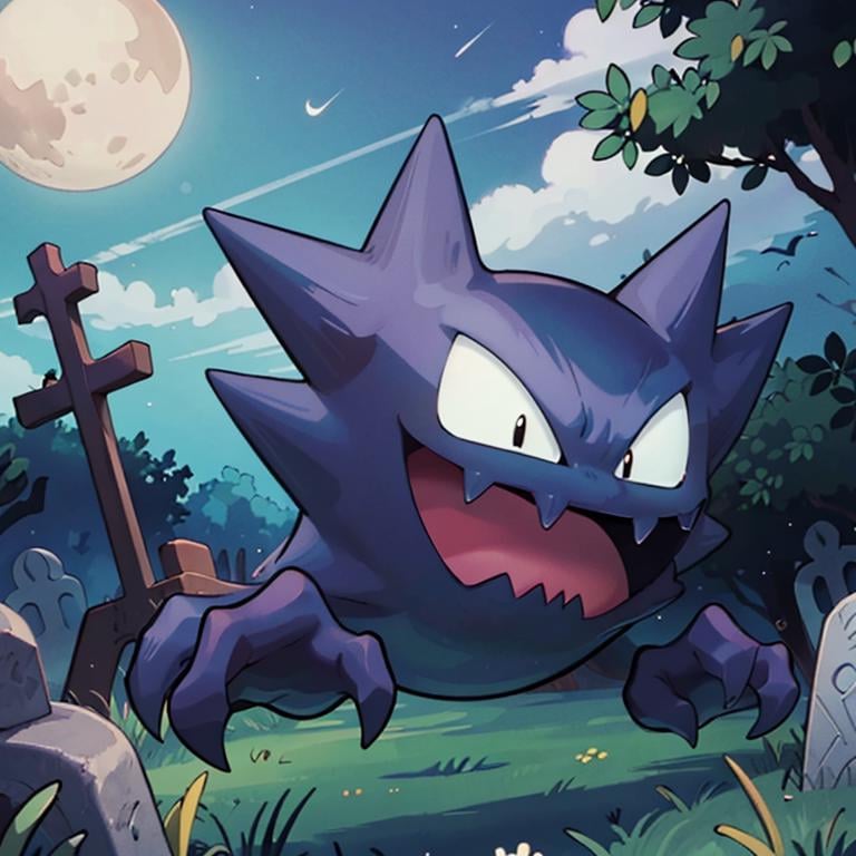 ((masterpiece,best quality)), <lora:Haunter_Pokemon_Anime:0.9>, Haunter_Pokemon, floating,  no humans, pokemon \(creature\),solo, smiling, looking at viewer,graveyard, crescent moon,cinematic composition,