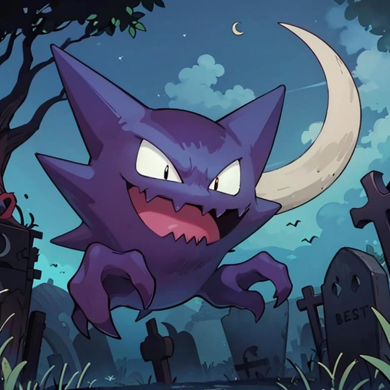 ((masterpiece,best quality)), <lora:Haunter_Pokemon_Anime:0.9>, Haunter_Pokemon, floating,  no humans, pokemon \(creature\),solo, smiling, looking at viewer,graveyard, crescent moon,cinematic composition,