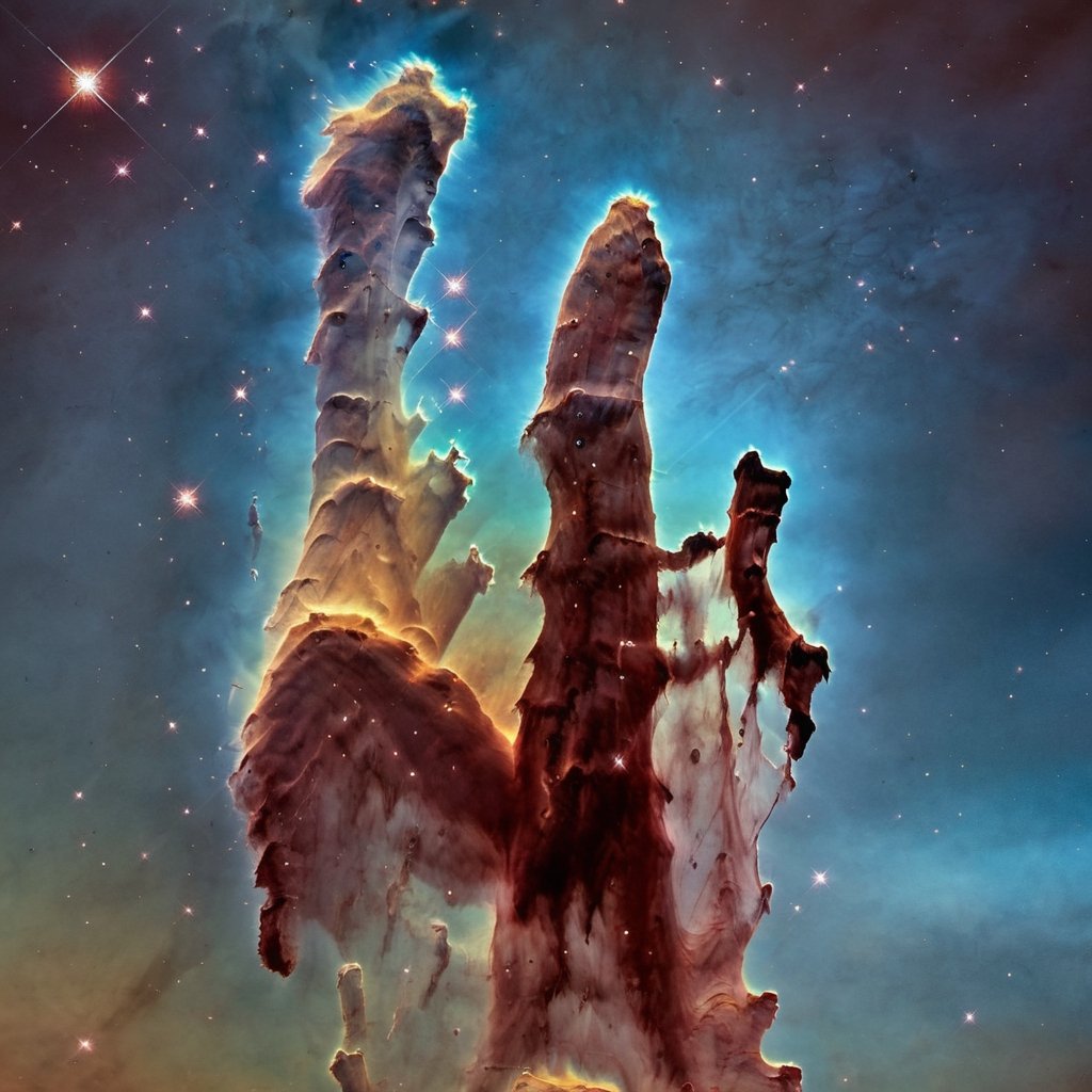 (The Eagle Nebula, situated in the Serpens constellation, is renowned for its majestic "Pillars of Creation." These towering columns of interstellar gas and dust stand as grandiose monuments to cosmic artistry. The hyperdetailed beauty of the Eagle Nebula unveils intricate, ethereal clouds set against the stellar backdrop, where new stars emerge from the cosmic tapestry), 8k octane render, high detail, masterpiece, hyperdetailed, intricate details, 