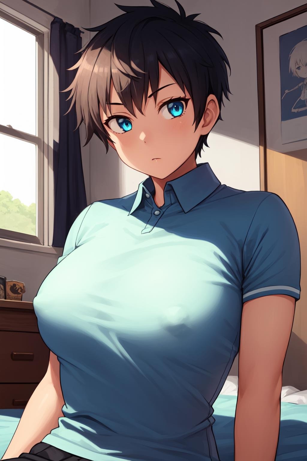 1girl, solo, (tomboy:1.2), (upper body:1.2), sitting, arms support,(short hair, long sidelocks:1.2),looking at viewer,small breasts,shirt, covered nipples, puffy nipples, large nipples, huge nipples,indoors, bedroom, upper body, blanket, <lora:Tomboy-3000-12repeats:1>