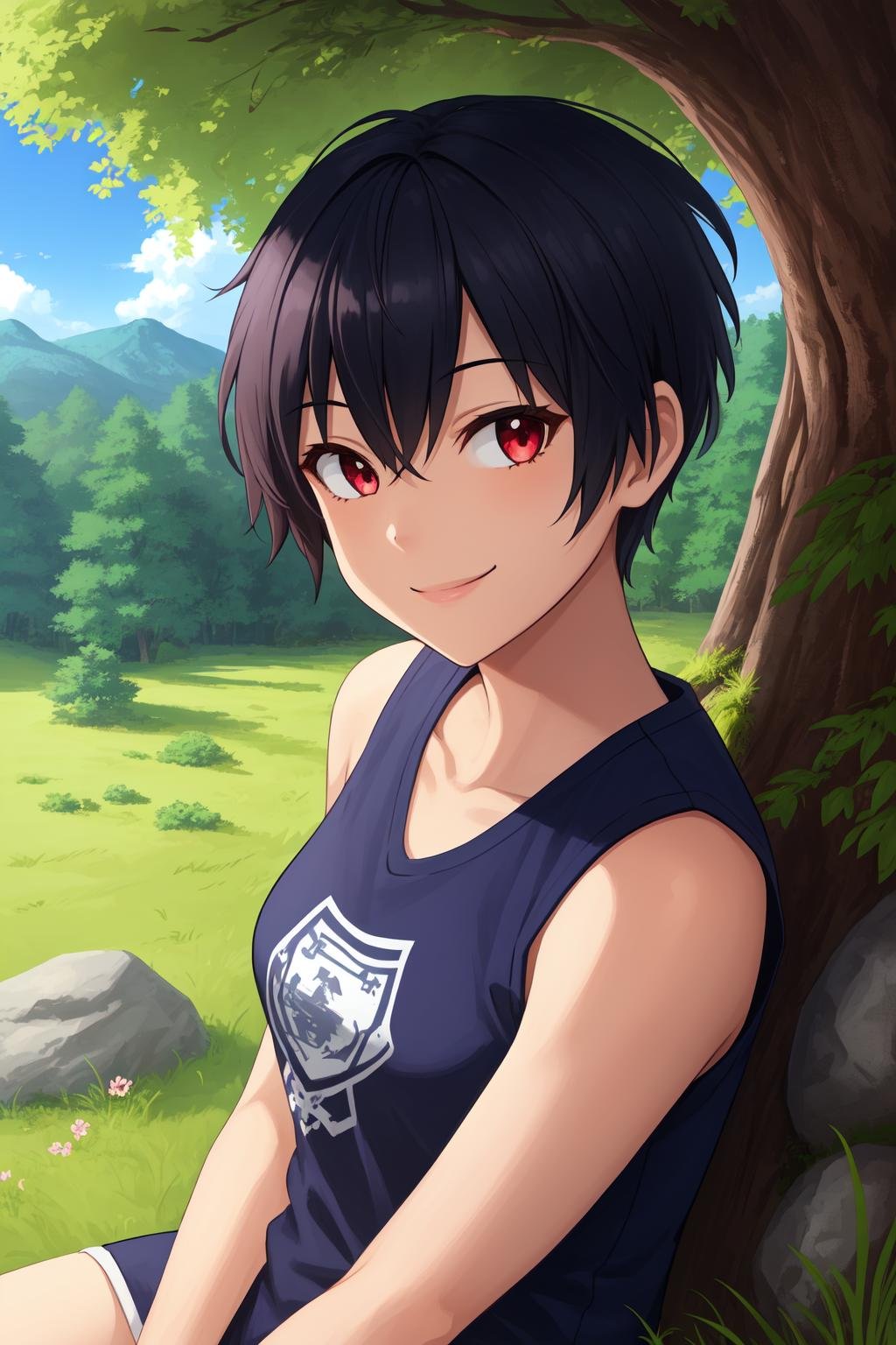 1girl, solo, (tomboy:1.2), (upper body:1.2), (sitting under tree:1.2), under tree,black hair, (short hair, long sidelocks:1.2),red eyes, looking at viewer,smile,medium breasts,white t-shirt, sleeveless,outdoors, forest, nature, grass, tall grass, detailed grass, rocks, flowers, plants, <lora:Tomboy-3000-12repeats:1>