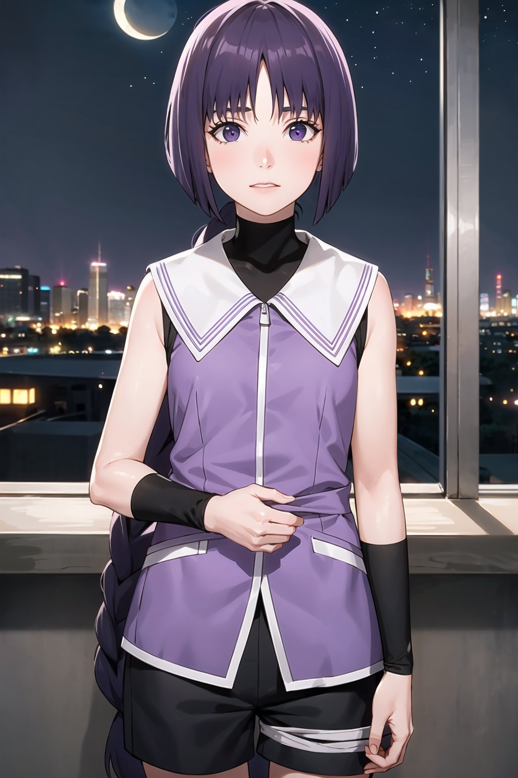 (best quality), (highly detailed), masterpiece, (official art),sumire kakei, single braid, sleeveless jacket, black shorts, wristband, black shirt, looking at viewer, city, night, sky, moon, standing,  upper body,   depth of field, best quality, masterpiece, intricate details, tonemapping, sharp focus, hyper detailed, trending on Artstation,1 girl,