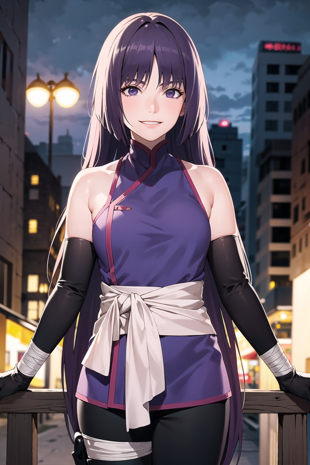 (best quality), (highly detailed), masterpiece, (official art),sumire kakei,nue, evil smile, long hair, elbow gloves, bandages, black pants, ninja, looking at viewer, city, night, sky, cowboy shot, (intricately detailed, hyperdetailed), blurry background,depth of field, best quality, masterpiece, intricate details, tonemapping, sharp focus, hyper detailed, trending on Artstation,1 girl, high res, official art