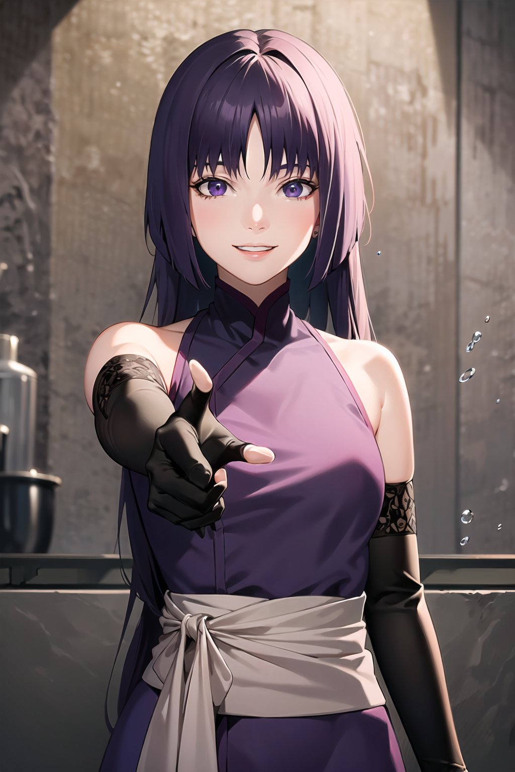 (best quality), (highly detailed), masterpiece, (official art),sumire kakei, looking at viewer, smile, holding, long hair, upper body, weapon, parted lips, elbow gloves, shiny, bandages, holding weapon, shiny hair, ninja, pointing at viewer, kunai, water, (intricately detailed, hyperdetailed), best quality, masterpiece, intricate details, tonemapping, sharp focus, hyper detailed, trending on Artstation,1 girl, high res, official art