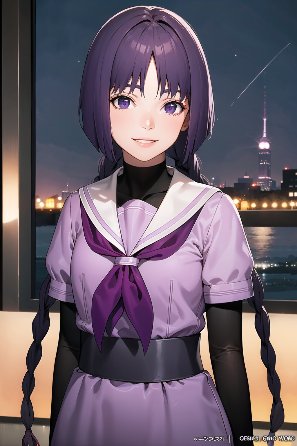 (best quality), (highly detailed), masterpiece, (official art),sumire kakei, smile, purple school uniform, twin braids, purple skirt, purple belt, black shirt,black sleeves,looking at viewer, city, night, sky, (upper body), (intricately detailed, hyperdetailed), blurry background,depth of field, best quality, masterpiece, intricate details, tonemapping, sharp focus, hyper detailed, trending on Artstation,1 girl, high res, official art