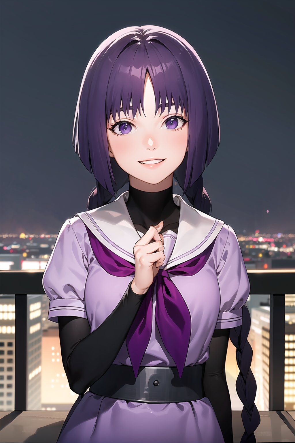 (best quality), (highly detailed), masterpiece, (official art),sumire kakei, smile, purple school uniform, twin braids, purple skirt, purple belt, black shirt,black sleeves,looking at viewer, city, night, sky, (upper body), (intricately detailed, hyperdetailed), blurry background,depth of field, best quality, masterpiece, intricate details, tonemapping, sharp focus, hyper detailed, trending on Artstation,1 girl, high res, official art