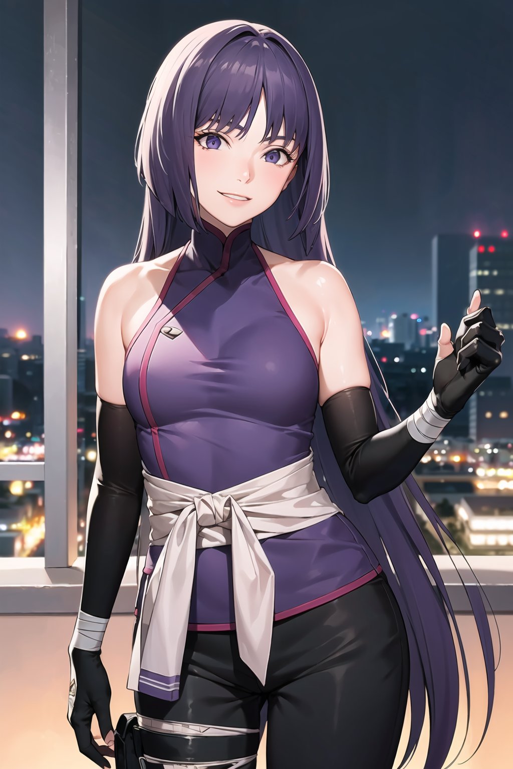 (best quality), (highly detailed), masterpiece, (official art),sumire kakei, evil smile, long hair, elbow gloves, bandages, black pants, ninja, looking at viewer, city, night, sky, cowboy shot, (intricately detailed, hyperdetailed), blurry background,depth of field, best quality, masterpiece, intricate details, tonemapping, sharp focus, hyper detailed, trending on Artstation,1 girl, high res, official art