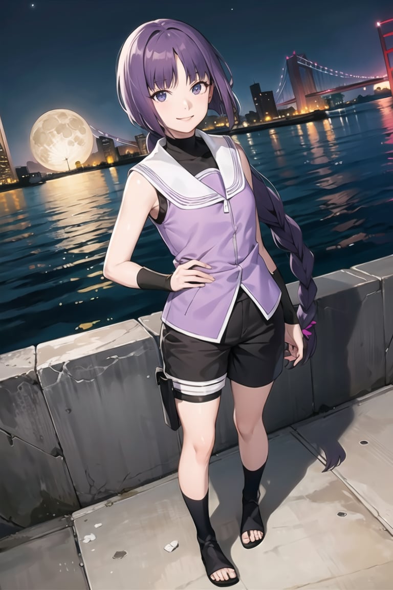 (best quality), (highly detailed), masterpiece, (official art),sumire kakei, smile, single braid, sleeveless jacket, wristband, black shirt, black shorts, toeless footwear,  looking at viewer, city, night, sky, moon, standing,  best quality, masterpiece, intricate details, tonemapping, sharp focus, hyper detailed, trending on Artstation,1 girl,