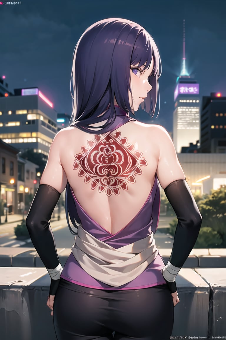 (best quality), (highly detailed), masterpiece, (official art),sumire kakei,elbow gloves, bandages, black pants, ninja, long hair, from behind, backless outfit, back tattoo,  backlighting ,looking at viewer, city, night, sky, cowboy shot, (intricately detailed, hyperdetailed), blurry background,depth of field, best quality, masterpiece, intricate details, tonemapping, sharp focus, hyper detailed, trending on Artstation,1 girl, high res, official art