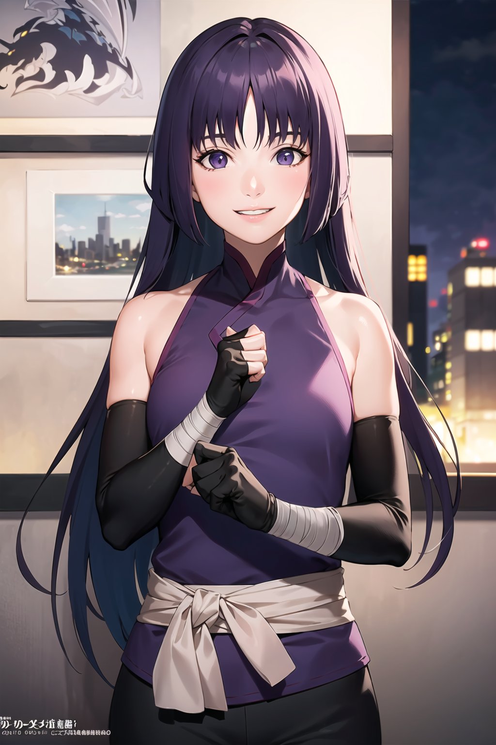 (best quality), (highly detailed), masterpiece, (official art),sumire kakei, smile, long hair, ninja, elbow gloves, bandages, black pants, upper body, looking at viewer, city, night, sky, (intricately detailed, hyperdetailed), blurry background,depth of field, best quality, masterpiece, intricate details, tonemapping, sharp focus, hyper detailed, trending on Artstation,1 girl, high res, official art