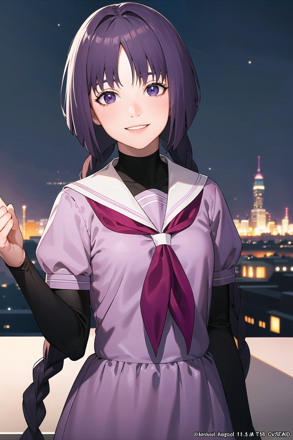 (best quality), (highly detailed), masterpiece, (official art),sumire kakei, smile, school uniform, twin braids, purple skirt, black shirt,black sleeves,looking at viewer, city, night, sky, (upper body), (intricately detailed, hyperdetailed), blurry background,depth of field, best quality, masterpiece, intricate details, tonemapping, sharp focus, hyper detailed, trending on Artstation,1 girl, high res, official art