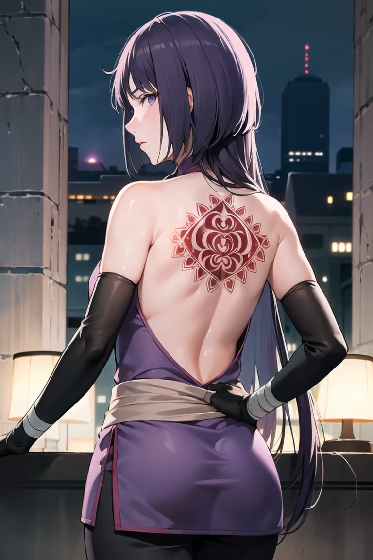 (best quality), (highly detailed), masterpiece, (official art),sumire kakei,elbow gloves, bandages, (ninja), long hair, backless outfit, back tattoo, black pants, backlighting ,looking at viewer, city, night, sky, (intricately detailed, hyperdetailed), blurry background,depth of field, best quality, masterpiece, intricate details, tonemapping, sharp focus, hyper detailed, trending on Artstation,1 girl, high res, official art