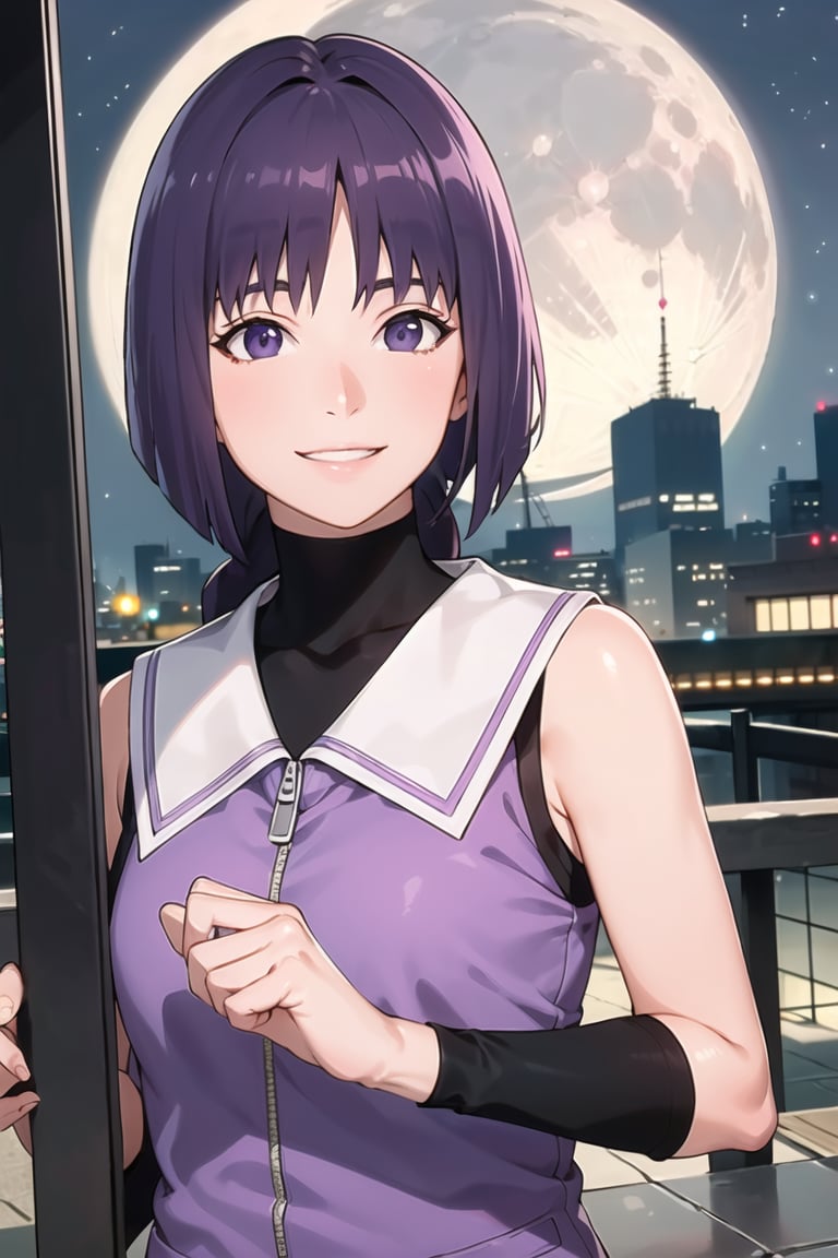 (best quality), (highly detailed), masterpiece, (official art),sumire kakei, smile, single braid, sleeveless jacket, wristband, black shirt, looking at viewer, city, night, sky, moon, standing,  upper body,  best quality, masterpiece, intricate details, tonemapping, sharp focus, hyper detailed, trending on Artstation,1 girl,