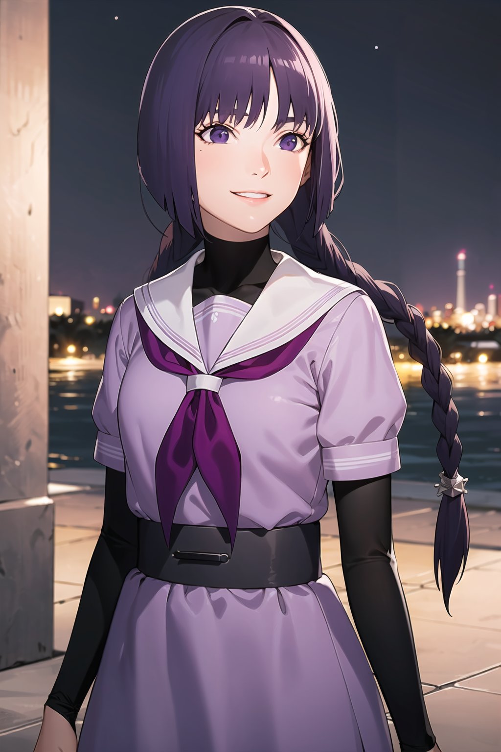 (best quality), (highly detailed), masterpiece, (official art),sumire kakei, smile, purple school uniform, twin braids, purple skirt, purple belt, black shirt,black sleeves,looking at viewer, city, night, sky, (upper body), (intricately detailed, hyperdetailed), blurry background,depth of field, best quality, masterpiece, intricate details, tonemapping, sharp focus, hyper detailed, trending on Artstation,1 girl, high res, official art