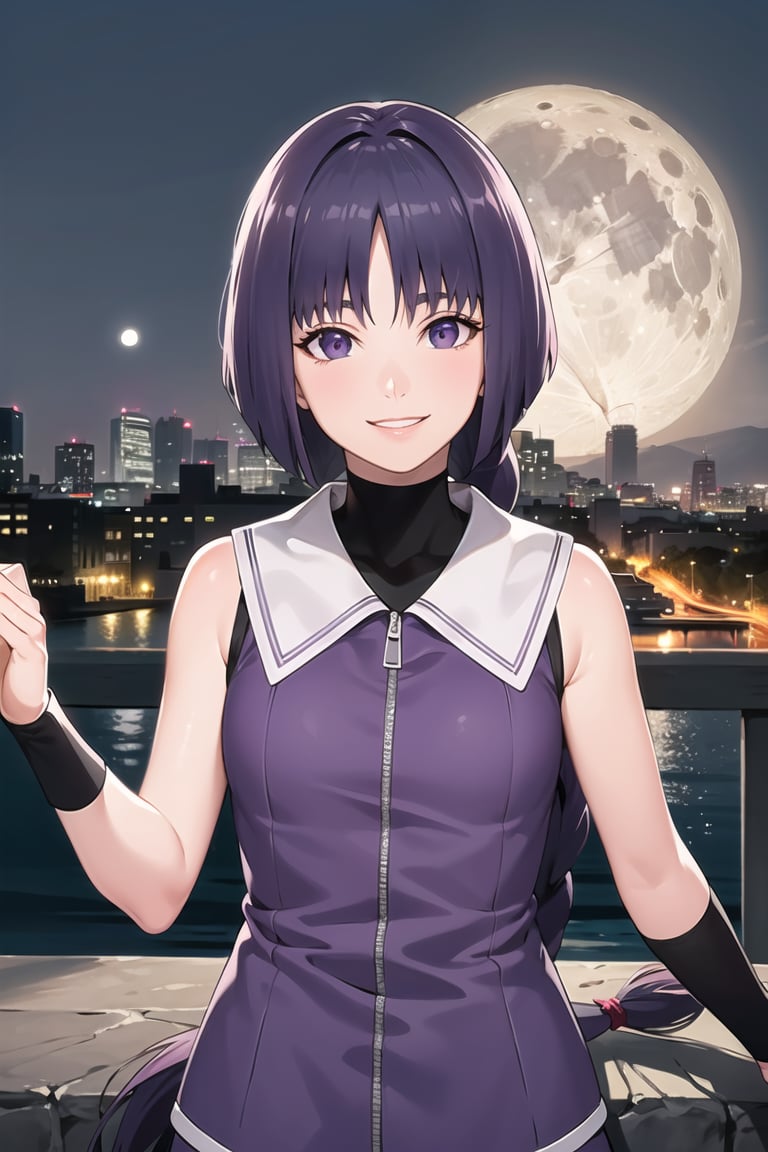 (best quality), (highly detailed), masterpiece, (official art),sumire kakei, smile, single braid, sleeveless jacket, wristband, black shirt, looking at viewer, city, night, sky, moon, standing,  upper body,  best quality, masterpiece, intricate details, tonemapping, sharp focus, hyper detailed, trending on Artstation,1 girl,