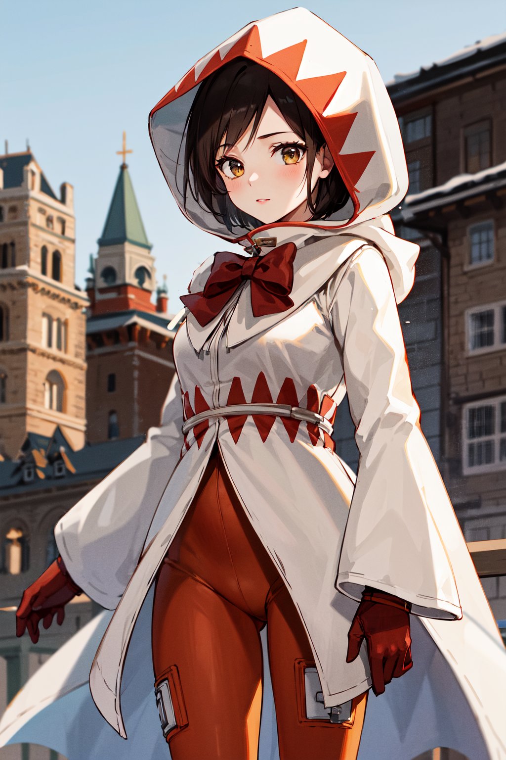 masterpiece, best quality, highres, 1girl, aagarnet, short hair, white mage, hood on, red bow, (robe:1.2), long sleeves, skin tight, gloves, <lora:garnet_til_alexandros_xvii_v1:0.7>, standing, cowboy shot, outdoors, day, looking at viewer, 