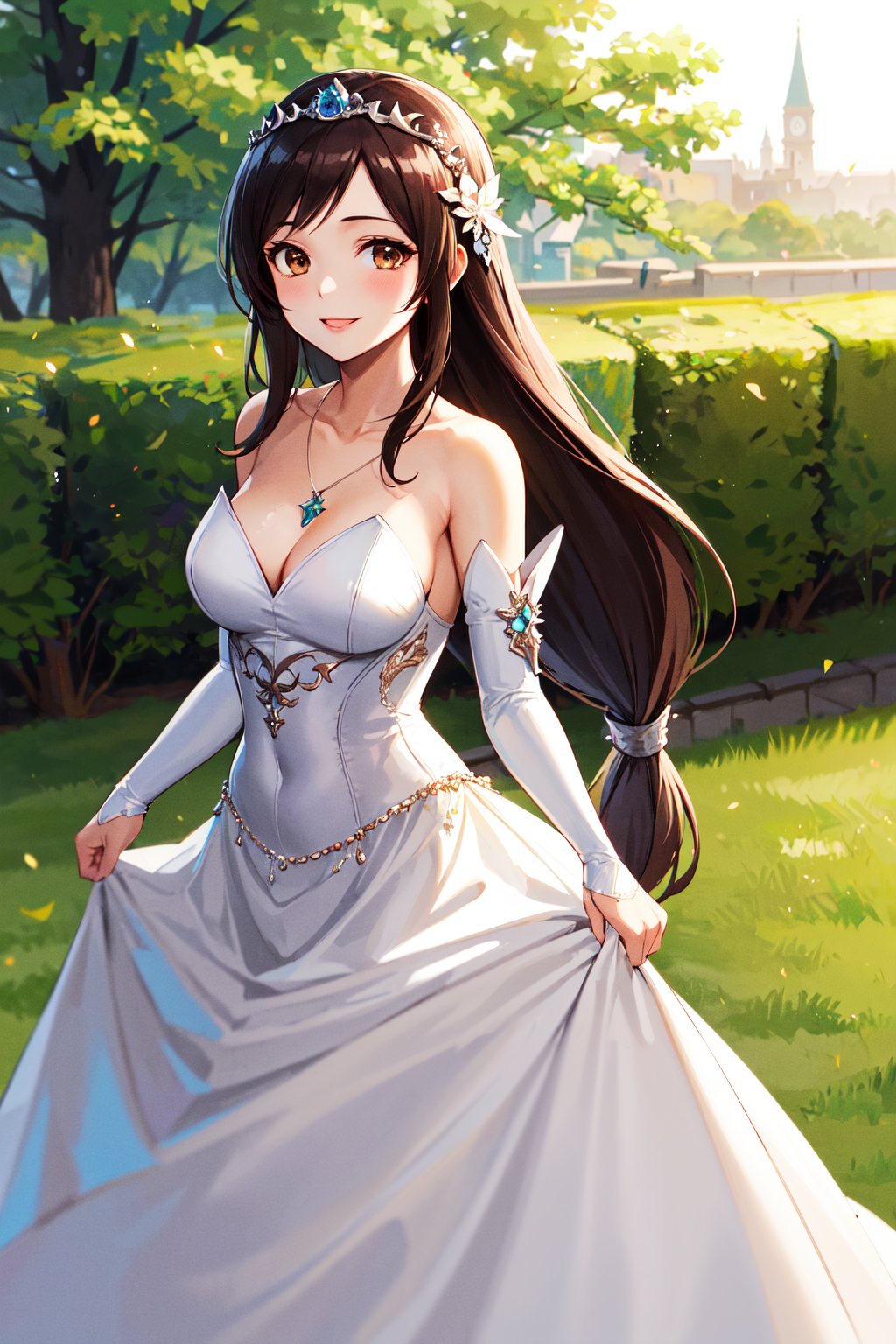 masterpiece, best quality, highres, 1girl, aagarnet,( low-tied long hair:1.2), brown eyes, tiara,  hair ornament, jewelry, necklace, wedding dress, white dress, bare shoulders, detached sleeves, <lora:garnet_til_alexandros_xvii_v1:0.7>, garden, standing, cowboy shot, smile, looking at viewer, skirt hold,