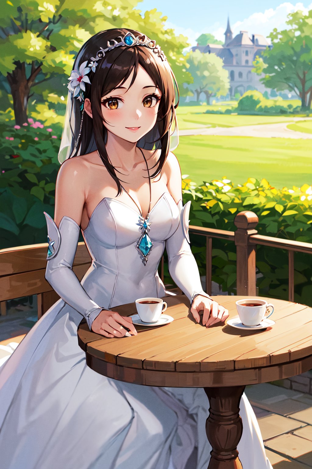 masterpiece, best quality, highres, 1girl, aagarnet, (low-tied long hair:1.2), brown eyes, tiara,  hair ornament, jewelry, necklace, wedding dress, white dress, bare shoulders, detached sleeves,<lora:garnet_til_alexandros_xvii_v1:0.7>, garden, sitting, table, coffe, smile, looking at viewer, 