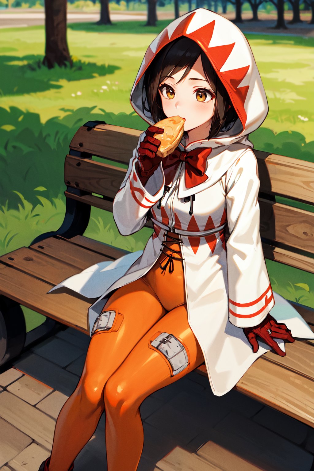 masterpiece, best quality, highres, 1girl, aagarnet, short hair, white mage, hood on, red bow, (robe:1.2), long sleeves, skin tight, gloves, <lora:garnet_til_alexandros_xvii_v1:0.7>, sitting, bench, outdoors, park, day, eating, food,