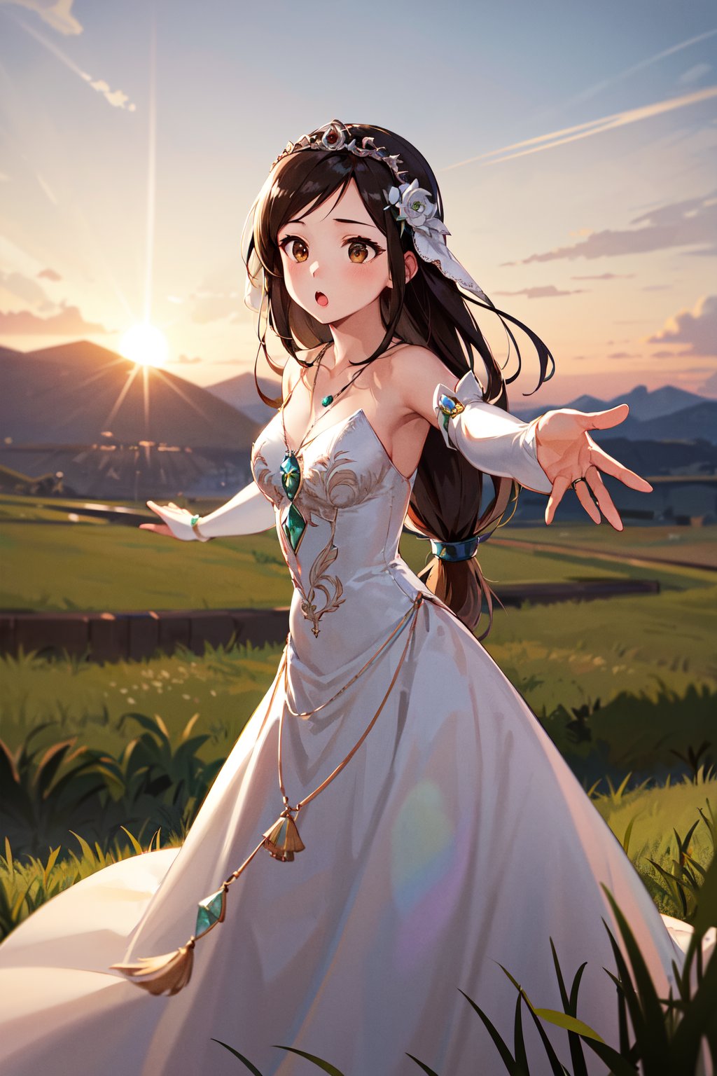 masterpiece, best quality, highres, 1girl, aagarnet, (low-tied long hair:1.2), brown eyes, tiara,  hair ornament, jewelry, necklace, wedding dress, white dress, bare shoulders, detached sleeves,<lora:garnet_til_alexandros_xvii_v1:0.7>, grass, outstretched arms, :o, reaching out, 