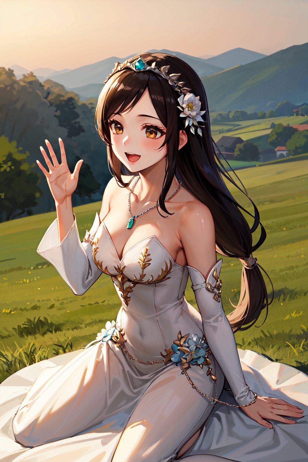 masterpiece, best quality, highres, 1girl, aagarnet, (low-tied long hair:1.2), brown eyes, tiara,  hair ornament, jewelry, necklace, wedding dress, white dress, bare shoulders, detached sleeves,<lora:garnet_til_alexandros_xvii_v1:0.7>, grass, wariza, smile, open mouth, waving