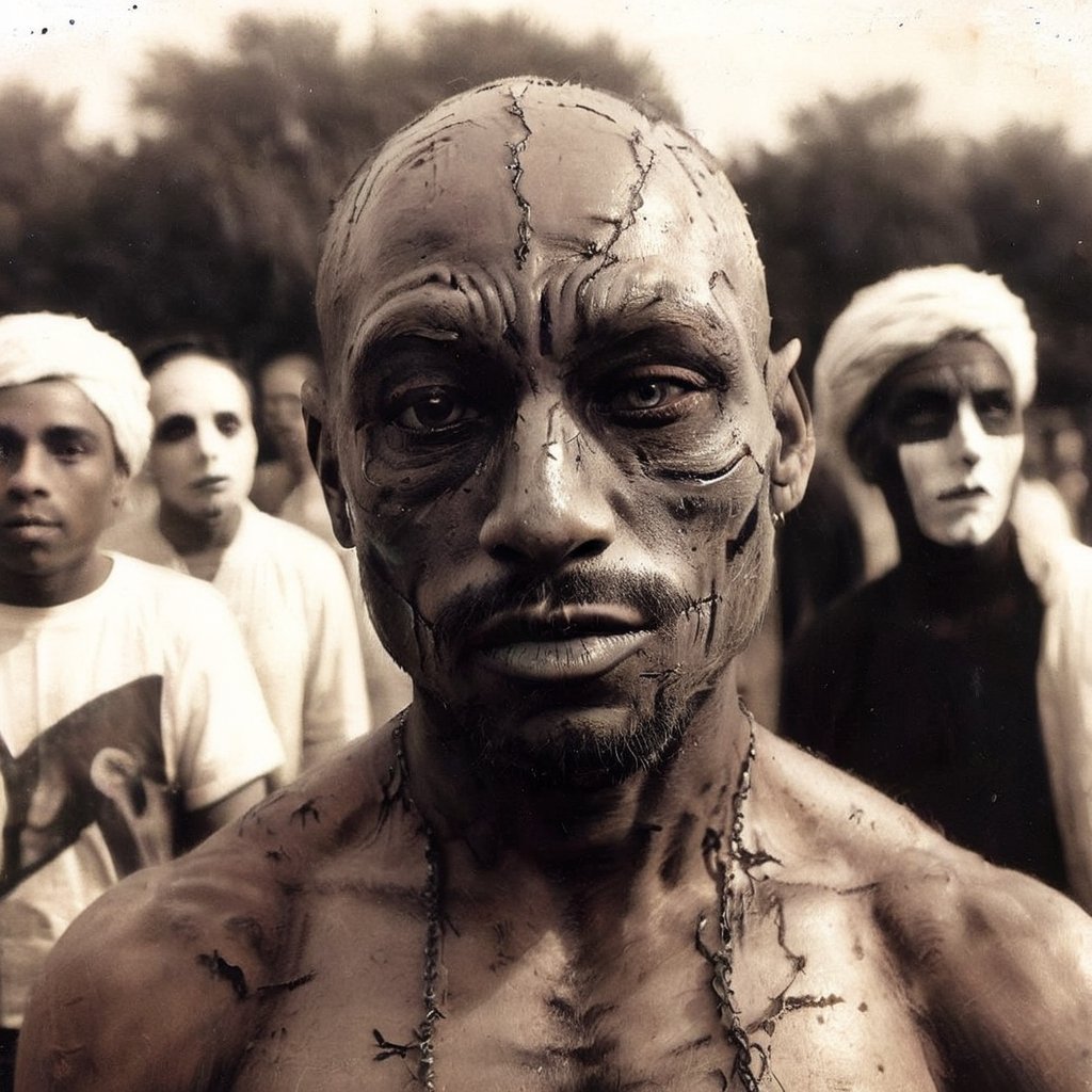 aw0k, (masterpiece:1.2), 1930s picture of 1man in crowd, ((2pac)), Tupac Shakur, in halloween makeup, (facial hair:1.2), old phograph, grainy, monochrome, aw0k dalle,monster