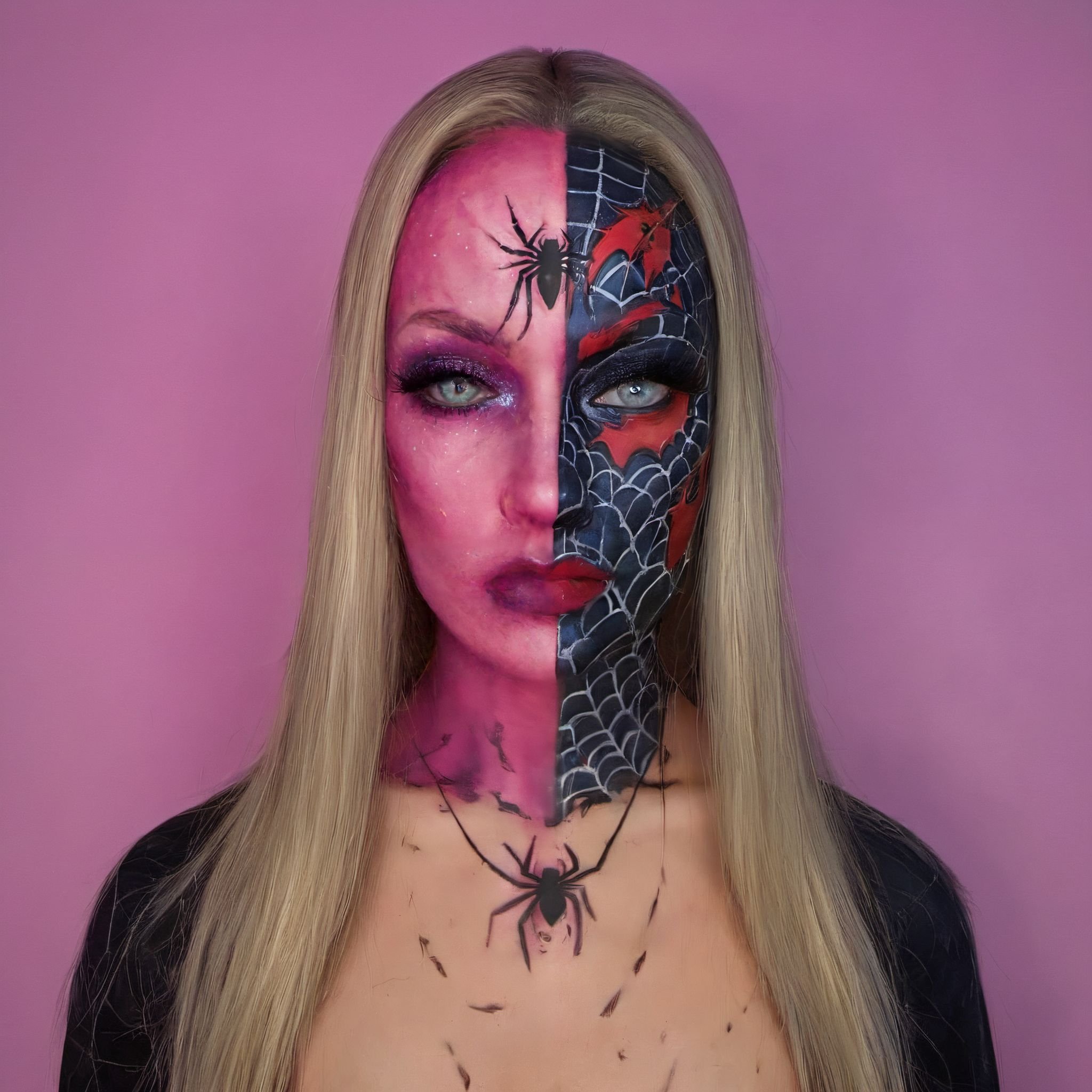 a woman in half face spiderman makeup, half face looking normal, cyberpunk, dark, dystopian, backlit, night time lights, highres, portrait, beautiful, neon cyberpunk suit, 8k, glowing tattoos, highly detailed,  <lora:halloweenmakeup-000007:0.8>