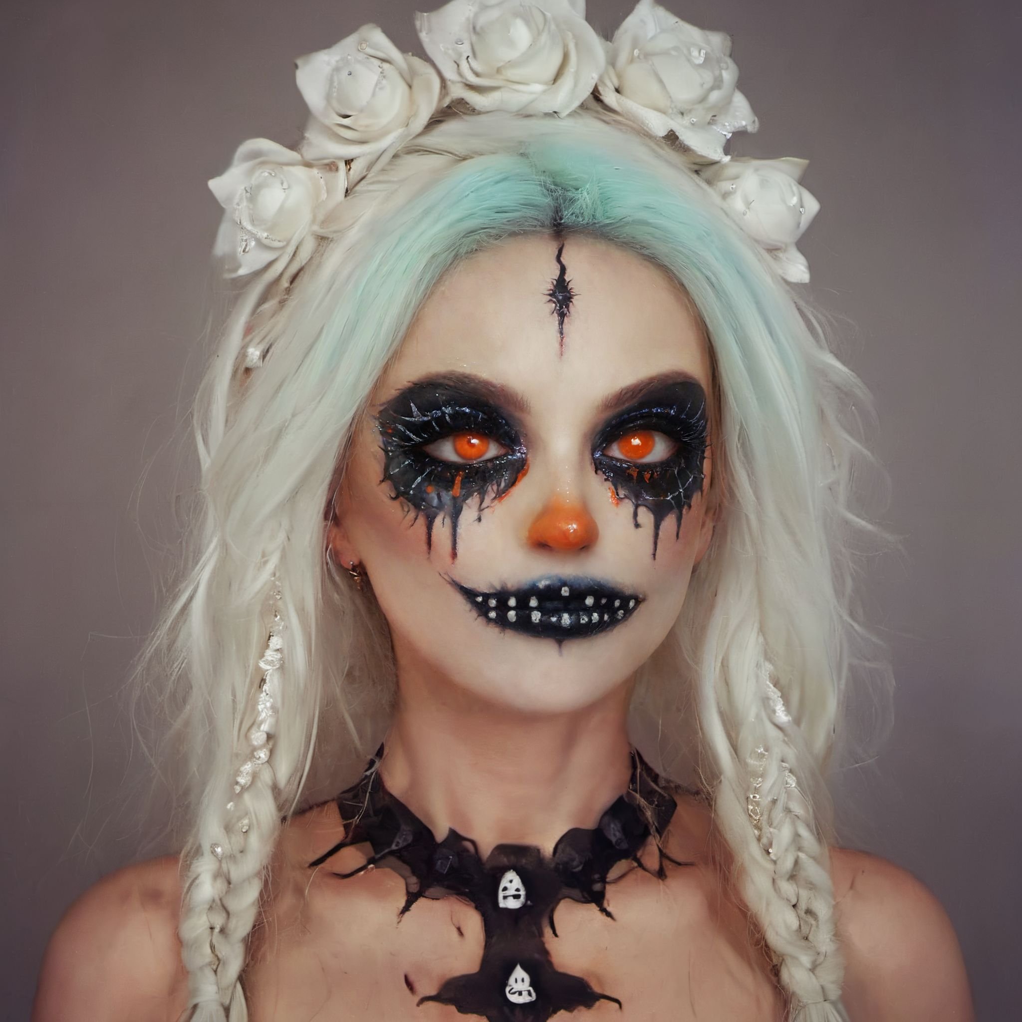 aw0k halloween makeup, [art by Simeon Solomon:art by Gary Baseman:12], photograph, angle from below of a Baroque ( a woman in makeup:1.1) with DayGlo orange skin, Engaging hair, Mohawk hairstyle, Cel shading, film grain, Sony A9 II, F/5, detailed eyes and pupils, <lora:halloweenmakeup-000007:0.8>