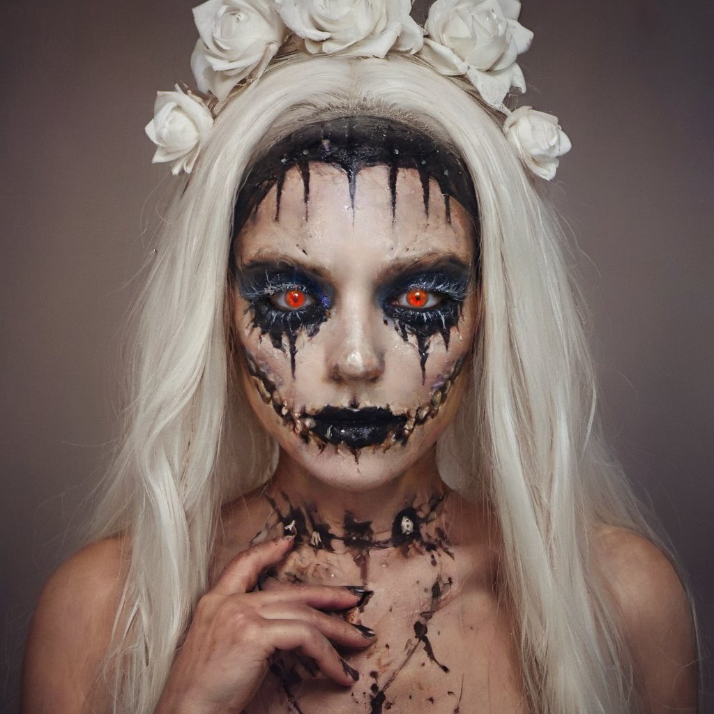 aw0k halloween makeup, art by Gerald Brom, photograph, Flustered, Congolese a woman in makeup, torn dress, split diopter, film grain, compact camera, macro lens, HDR, detailed eyes and pupils, <lora:halloweenmakeup-000007:0.8>