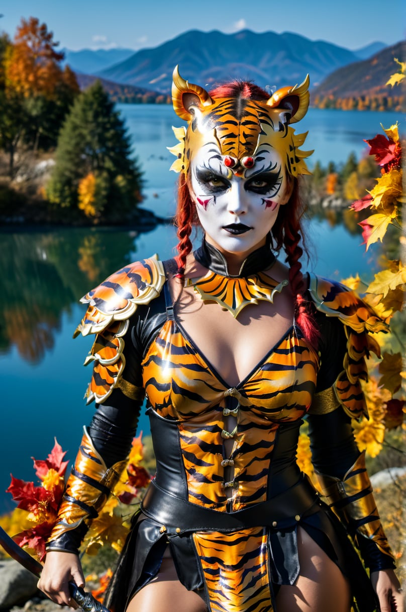 (aw0k halloween makeup:1.1)(masterpiece:1.2),  photograph,  (beautiful woman:1.1) wearing [Macedonian|Medieval] warrior suit,  fighting stance,  in tiger makeup,  foliage and lake,  epic,  fantasy,  🤡,  Straps,  Sunny,  horizon-centered,  Energetic,  film grain,  Fujifilm XT3,  L USM,  Cold Colors,  quantum wavetracing, 4k,  halloween,  detailmaster2,  DonMn1ghtm4reXL, <lora:EMS-52717-EMS:0.600000>, , <lora:EMS-17097-EMS:0.600000>, , <lora:EMS-37230-EMS:0.600000>