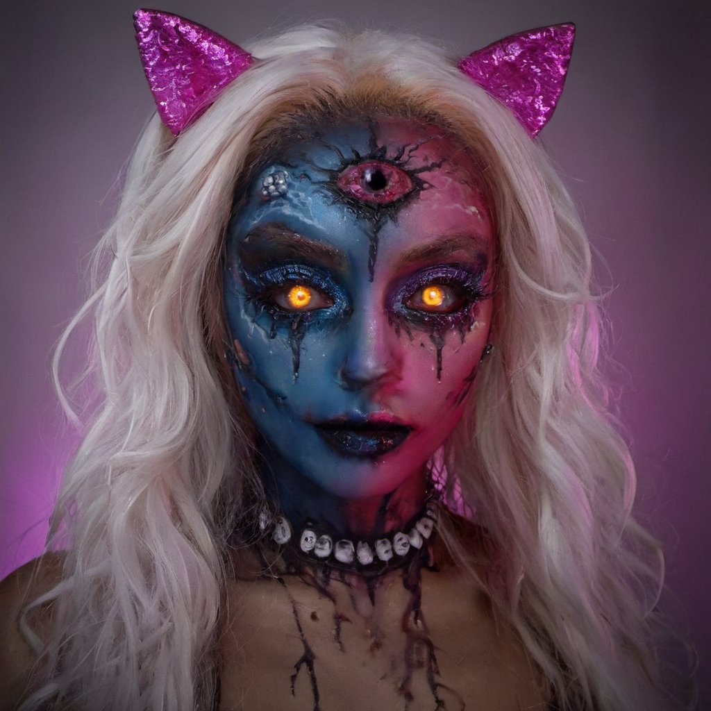 aw0k halloween makeup, a woman in half face halloween makeup, half face looking normal, cyberpunk, backlit, highres, portrait, beautiful, 8k, glowing tattoos, detailed eyes, detailed eye pupils  <lora:halloweenmakeup-000007:0.8> 