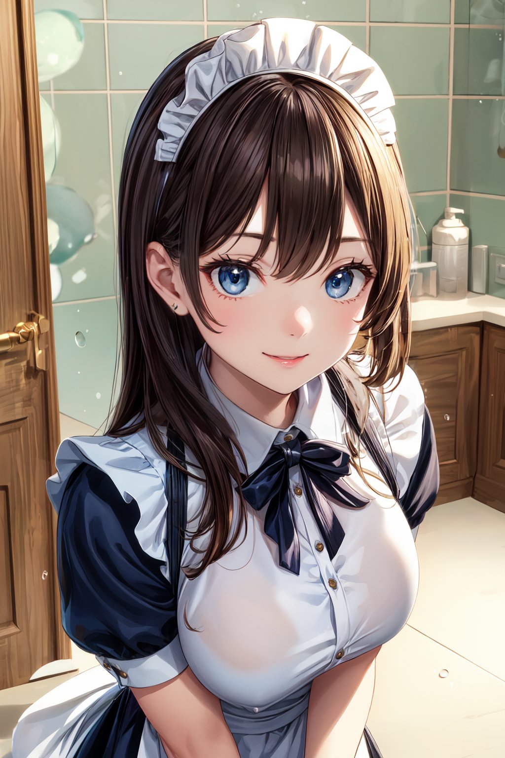 masterpiece,best quality,ultra detailed,4K,super fine illustration,highly detailed beautiful face and eyes,(Fluffy:1.2),fuwafuwa,professional lighting,1girl,loli,gigantic breasts,glamor,(traditional maid collared shirt:1.3),long skirt,long hair,(cleaning with a sponge:1.2),dynamic pose,(bubbles:1.3),(covered in bubbles:1.4),floating bubbles,in bath room,indoors,dynamic angle,