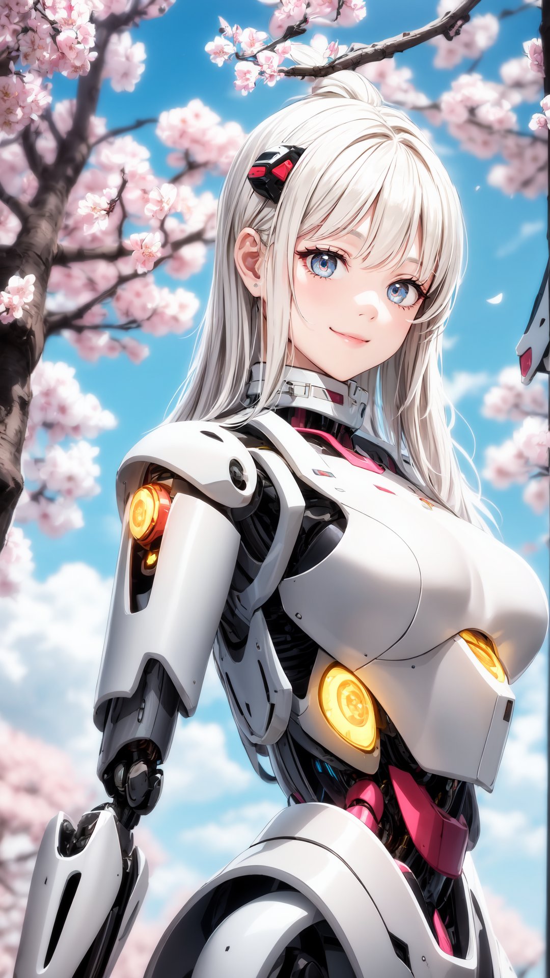 masterpiece, best quality, 1girl, yellow eyes, Beautiful face, delicate eyes, smile, long hair, white hair, tree, stairs, standing, sky, cherry blossoms, temple, looking at viewer, upper body, from below, looking back, ((Mecha)), young girl, Cyberpunk, CyberMechaGirl