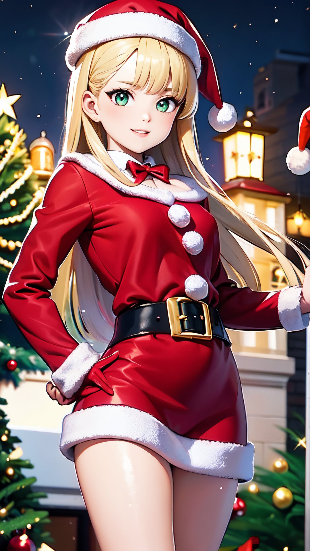 ((masterpiece, best quality, ultra-detailed, very fine 8KCG wallpapers)), 1girl, solo, kawaii, smile, medium breasts, blonde hair, long hair, green eyes, santa, red beret, red bow ribbon, red gloves, red dress, red boots, santa girl costume, christmas, holy night, christmas decorations, christmas night, nice hands, perfect hands,