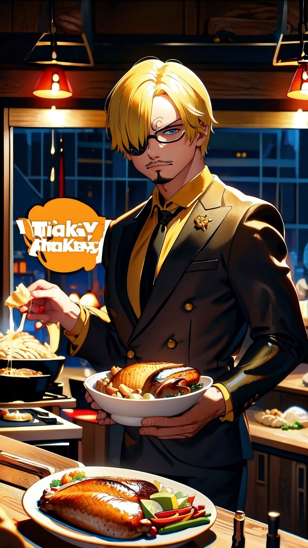 8k, best quality, ultra high res, masterpiece, , sanji2, suit, hair_over_one_eye, yellow hair, eyebrow, black shirts, necktie, Burgundy jacket, facial hair, cowboy shot, cooking, Thanksgiving turkey, roasted turkey, Cyberpunk