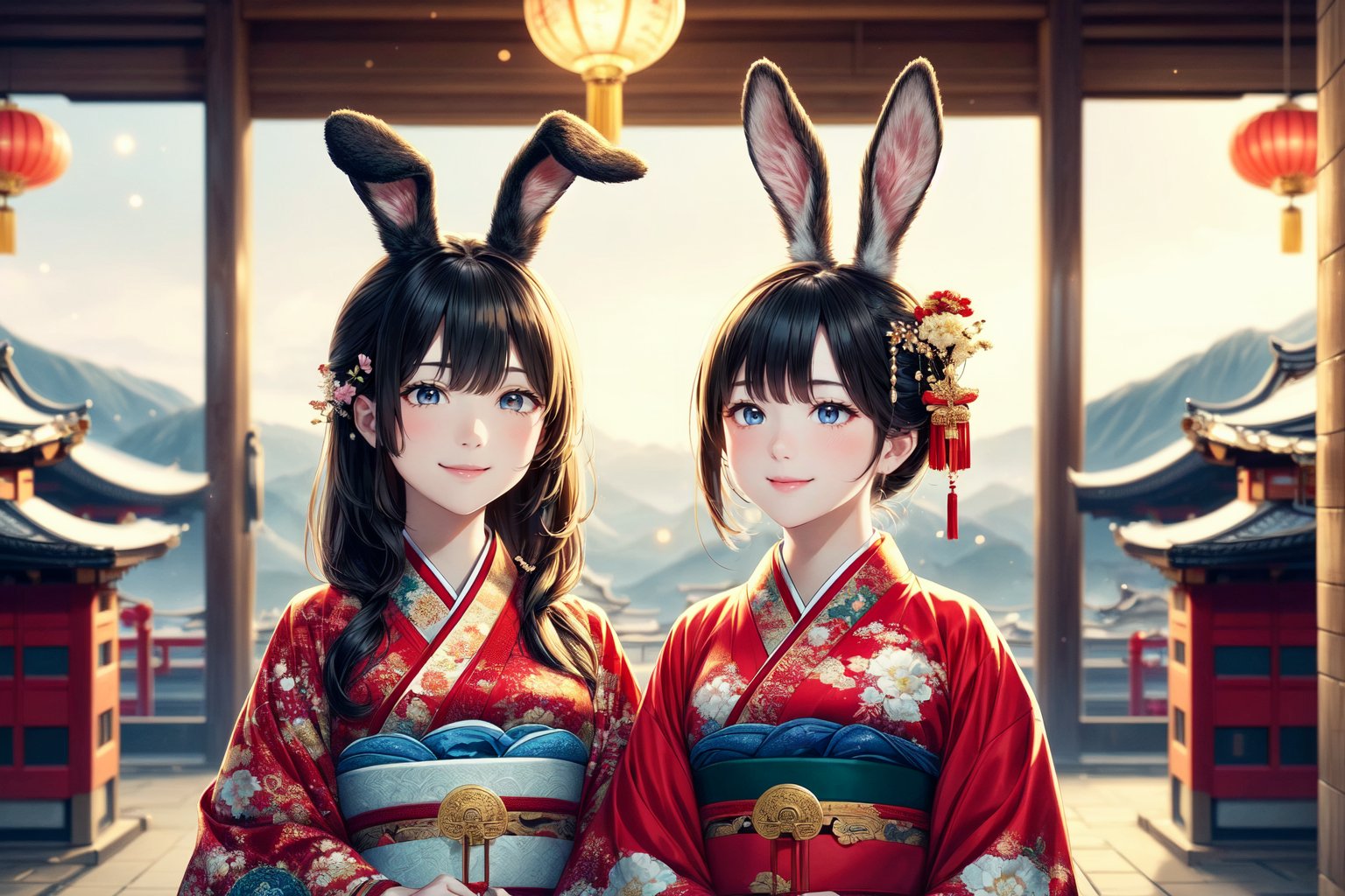In a Japanese New Year's Eve night scene, two anime-style girls, one with rabbit ears and the other with dragon horns, are praying together. In the background, a large Joya no Kane (New Year's Eve bell) is visible. Both girls are smiling gently and are wearing traditional kimonos with chokers. The atmosphere is serene and spiritual, with a snowy background and the dimly lit temple, reflecting the peacefulness of the New Year's Eve in Japan.