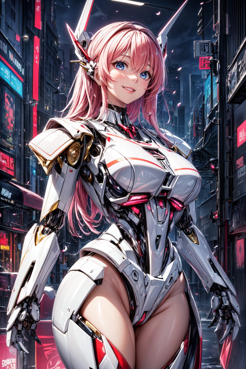 Masterpiece, High quality, 64K, Unity 64K Wallpaper, HDR, Best Quality, RAW, Super Fine Photography, Super High Resolution, Super Detailed, 
Beautiful and Aesthetic, Stunningly beautiful, Perfect proportions, 
1girl, Solo, White skin, Detailed skin, Realistic skin details, (Mecha:1.5)
Futuristic Mecha, Arms Mecha, Dynamic pose, Battle stance, Swaying hair, by FuturEvoLab, 
Dark City Night, Cyberpunk City, Cyberpunk architecture, Future architecture, Fine architecture, Accurate architectural structure, Detailed complex busy background, Gorgeous, Cherry blossoms,
Sharp focus, Perfect facial features, Pure and pretty, Perfect eyes, Lively eyes, Elegant face, Delicate face, Exquisite face, Pink Mecha, 