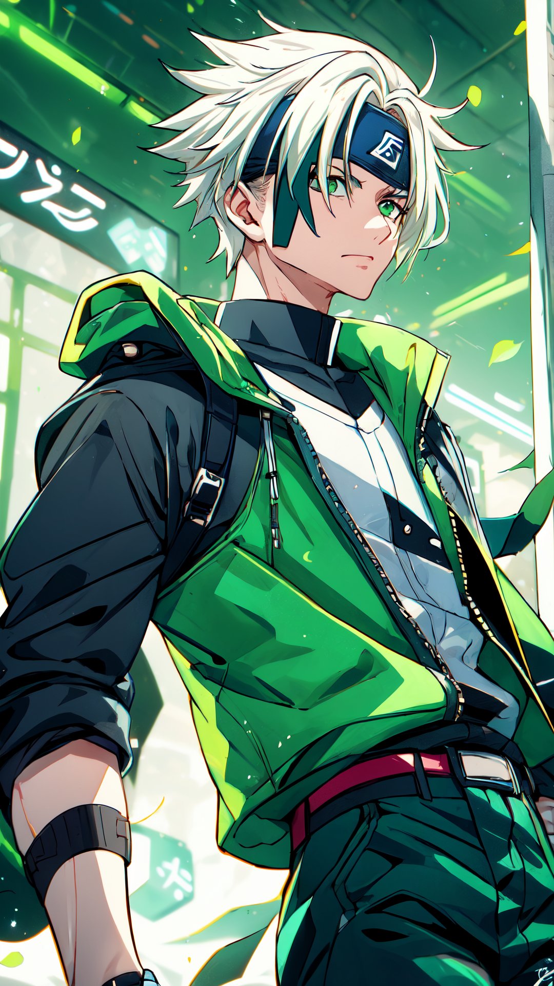 Immerse yourself in the world of Naruto with this prompt: "Illustrate the iconic Naruto anime character Kakashi Hatake, known for his spiky silver hair and enigmatic mask. Picture him wearing an anime-style green T-shirt, green vest, blue pant, adorned with his signature headband. Capture Kakashi standing dynamically in a pose that perfectly encapsulates his character. Encourage artists to create the perfect image of Kakashi Hatake from the Naruto anime, ensuring meticulous attention to detail and faithful representation of this beloved character in a visually captivating composition.,clothing,Zombie,1 girl,Cyberpunk,Matrix