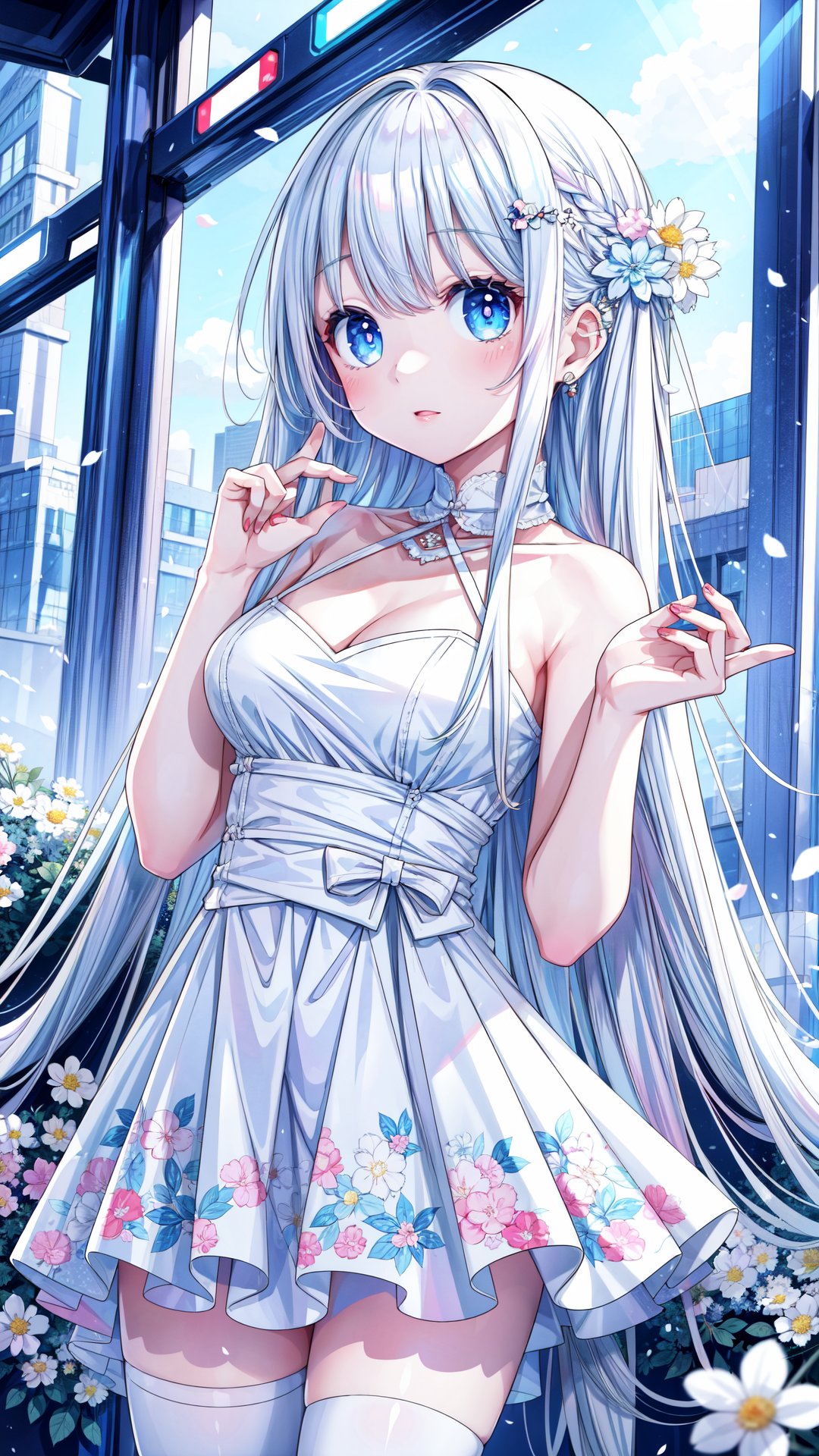 (masterpiece, best quality, highres:1.3), ultra resolution image, (1girl), (solo), kawaii, white hair, long hair, white dress, wonderland, bunny, sunlight, flowers, colorful, hold white flowers, dreamy,Cyberpunk
