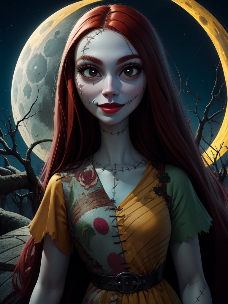 Sally, colored skin,stitches,long red hair, stitched face, lips,  small pupils,  black eyes, dress,smile, standing,  upper body,  garden, night time, yellow moonlight,  gravyard, dead trees, (insanely detailed, beautiful detailed face, masterpiece, best quality)  